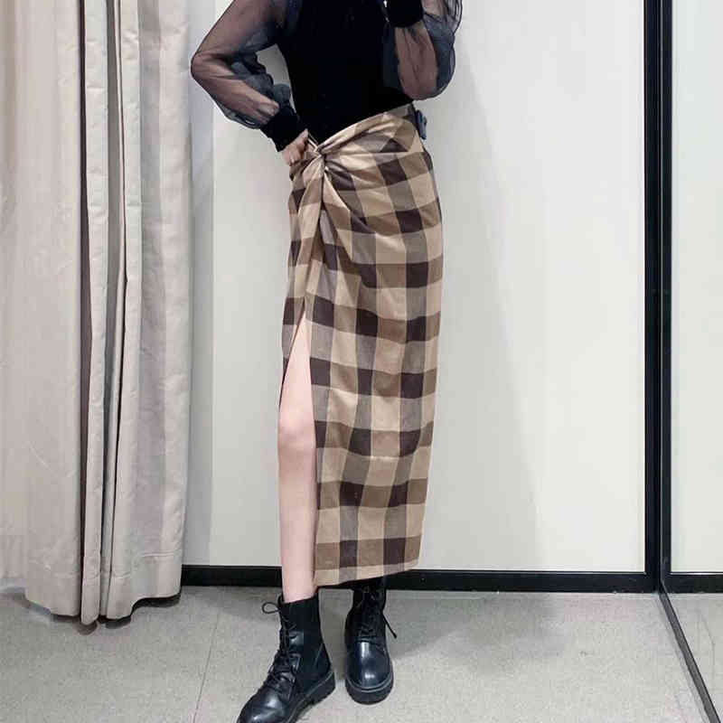 Vintage Elegant Plaid Women Skirts Lady Office Autumn Pencil Long Girls Skirt Female Mid-Calf Mujer skirt 210422