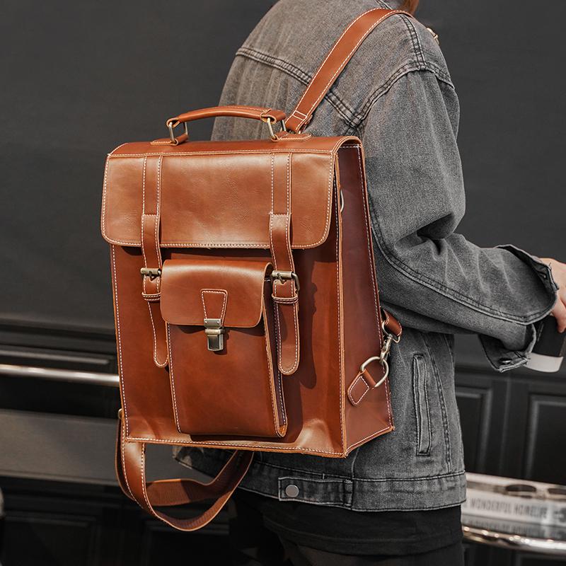 Backpack Men's Multifunction Casual Laptop Bag Vintage Crazy Horse PU Leather O…