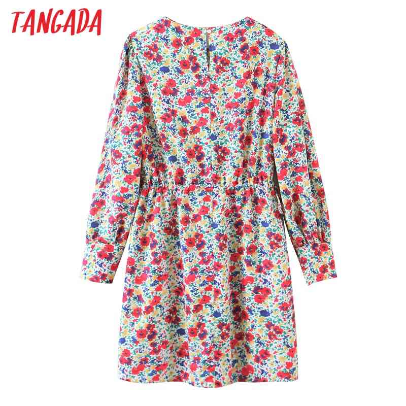 Women Flowers Pleated O Neck Long Sleeve Ladies Vintage Mini Dress Vestidos SL541 210416
