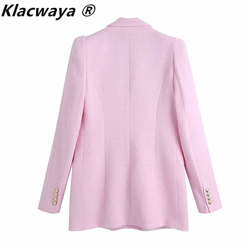 Women Vintage Pink Texture Tweed Blazer Coat Office Ladies Long Sleeve Suits Female Outerwear Chic Tops 210521
