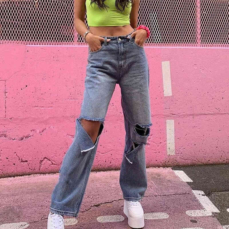 Women Pant Hole High Waist Denim Wide Leg Pants All Match Casual Jeans Trousers Fashion Long 210513
