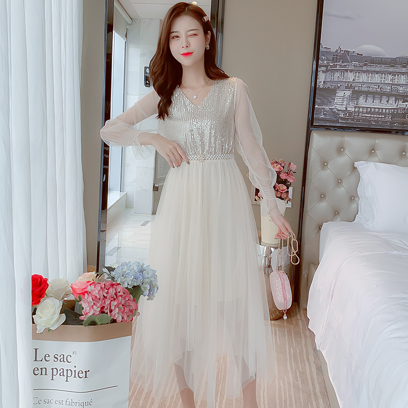 Sequins and Pearl Dresses Women Autumn Mesh Dress with Belt Pink Vneck Elastic High Waist Flare Long Sleeve Vestidos 12025 210417