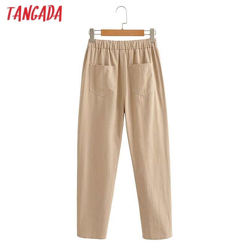 Fashion Women Cotton Linen Crop Trousers Strethy Waist Pockets Female Pants AI30 210416