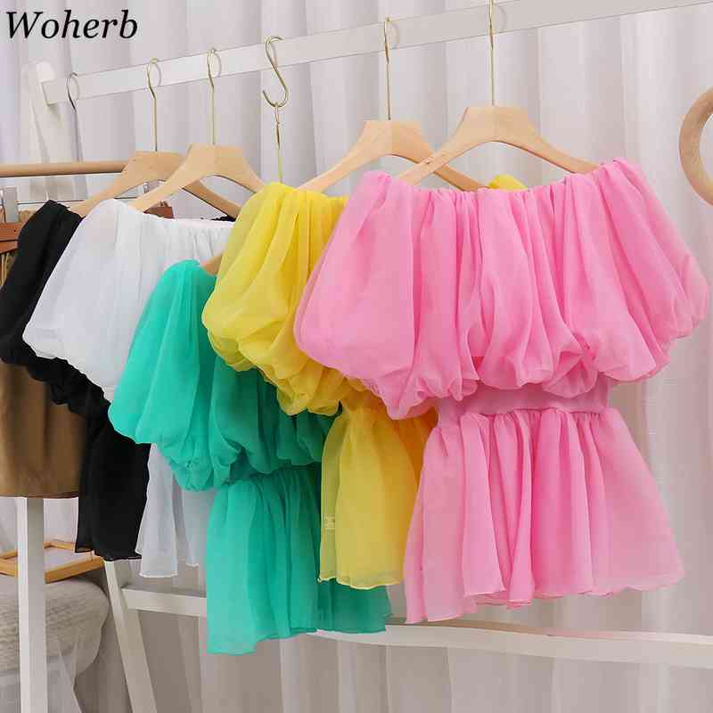 Women Sweet Ruffles Blouse Sexy Off Shoulder Blusas Solid Elegant Puff Sleeve Ladies Summer Korean Shirts Chic Tops Mujer 210519