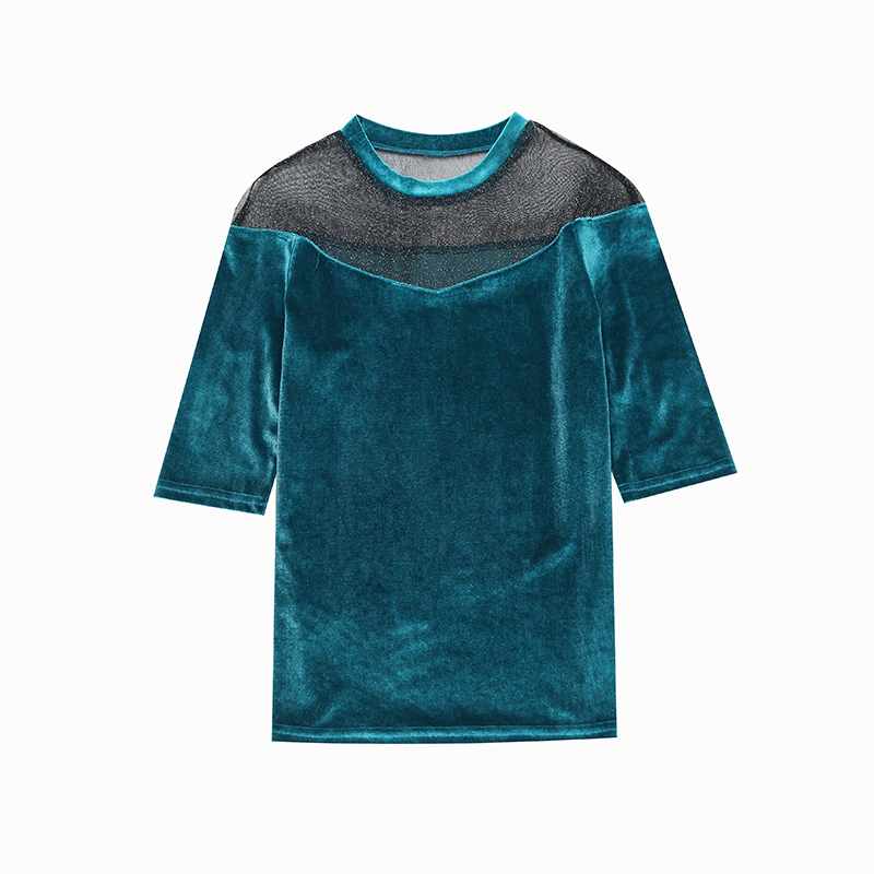 Fashion women Spring Mesh Hollow Solid Sexy Middle Sleeve Female O-Neck Bottom Women Shirt Tops and Blouses 210510