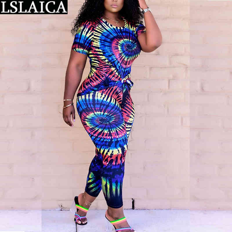 Drop Summer Suit Short Sleeve T-shirt Long Pants Tie Dye Print Plus Size Women's Sports Elegant Casual Home 210520