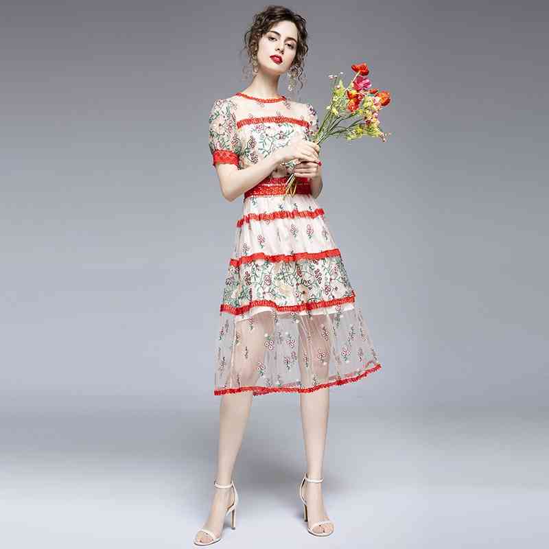 Summer Mesh Embroidery Flowers Dress Women O-Neck Casual Party Slim Long es Vintage Elegant Vestidos 210520