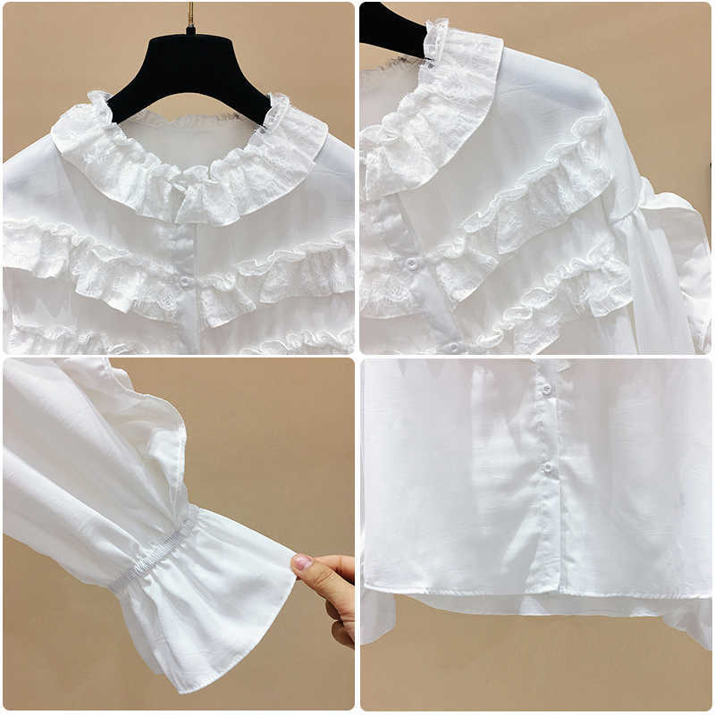 Lace Ruffles Patchwork Loose Solid Flare Sleeve Shirts Spring Top Blouse Women 210615