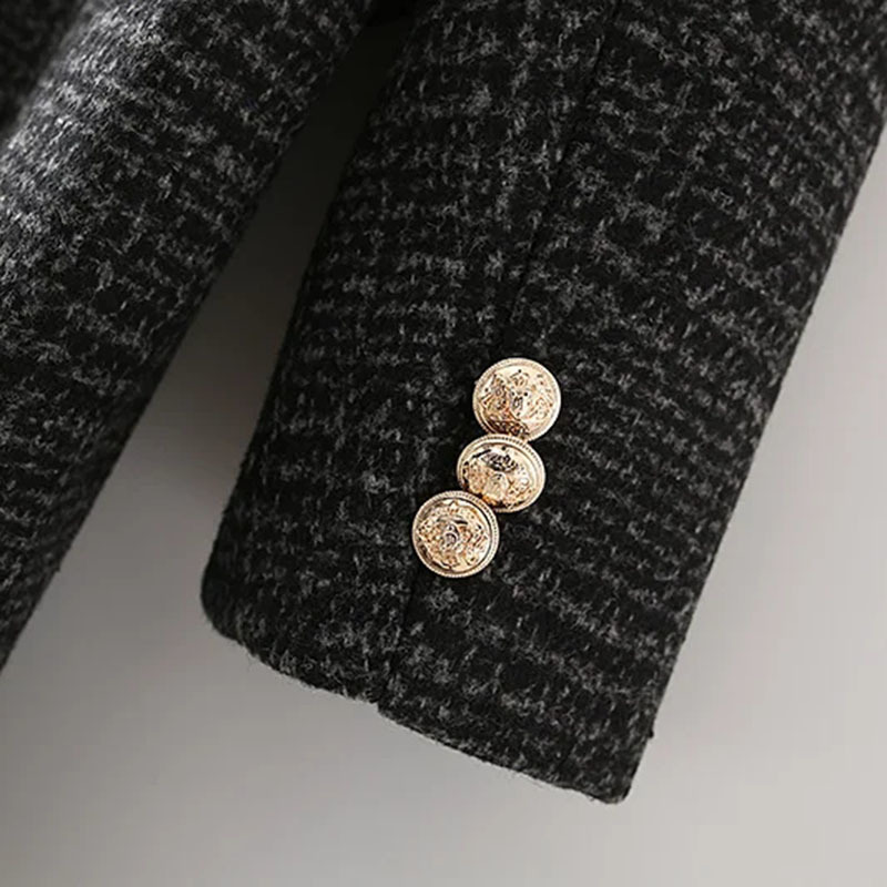 Winter Clothes Loose Temperament Retro Double-Breasted Lapel Plaid Twill Mid-Length Suit Jacket 210521