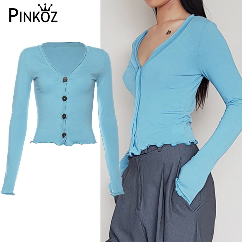 Knitting Blue Long Sleeve Top Ruched Jennie Kim Bodycon Cardigan Sexy Casual Chic Women Spring 210421