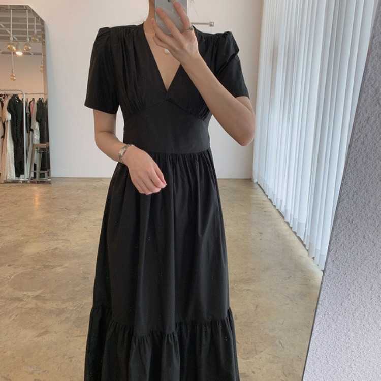 Spring and Summer Korean Fashion Elegant Sweet Backless Short-sleeved Dress with Bowknot Cotton Pleated Female 210615Z