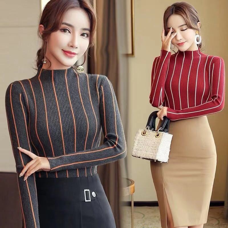 Autumn Winter Long-sleeved Women's Half-high Collar Vertical Stripes Slim-fitting Sweater Bottoming Pullover 210427