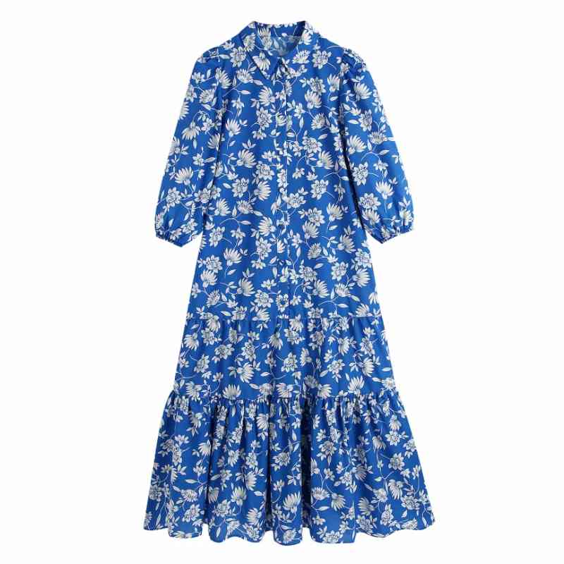 Summer Women Flower Printing Ruffled Hem Midi Shirt Dress Female Lantern Sleeve Clothes Casual Lady Loose Vestido D7618 210430