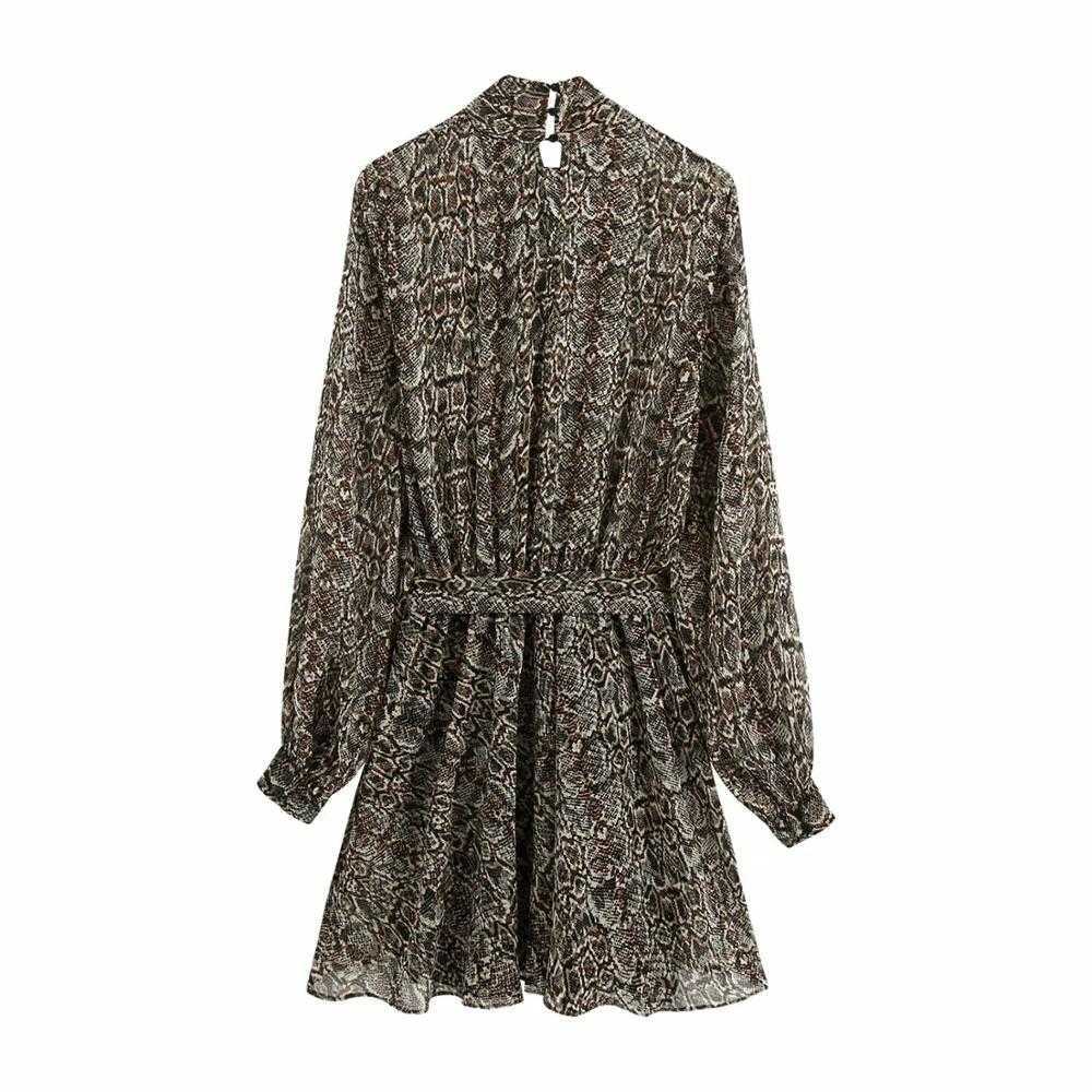 Women Dress Animal Print High Neck Long balloon sleeves Short Dress Belt Elastic waistband Lining vestidos femme robe 210709