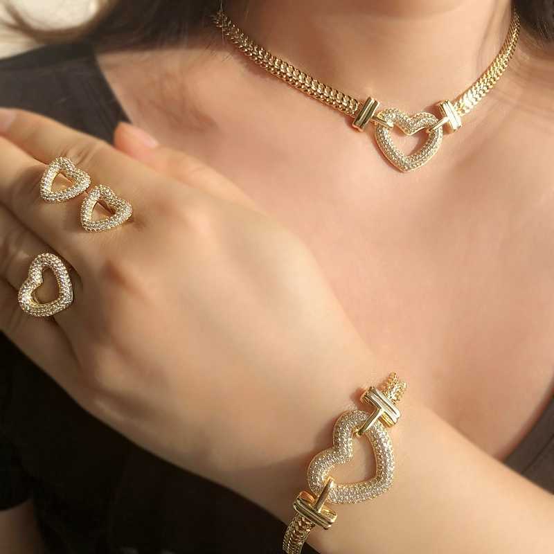 Vintage Gold Color Heart Choker Necklace Full Pave Cubic Zirconia Stone Women Statement Necklaces boho Fashion jewelry Wholesale 210621