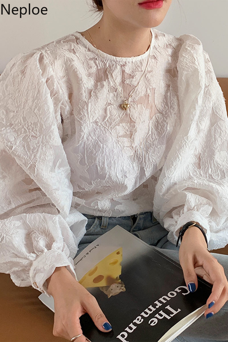Neploe Korean Chic Blouses Women O-neck Lantern Sleeve See Through Shirt Tops Floral Lose Elegant White Blouse Blusas Mujer 210422