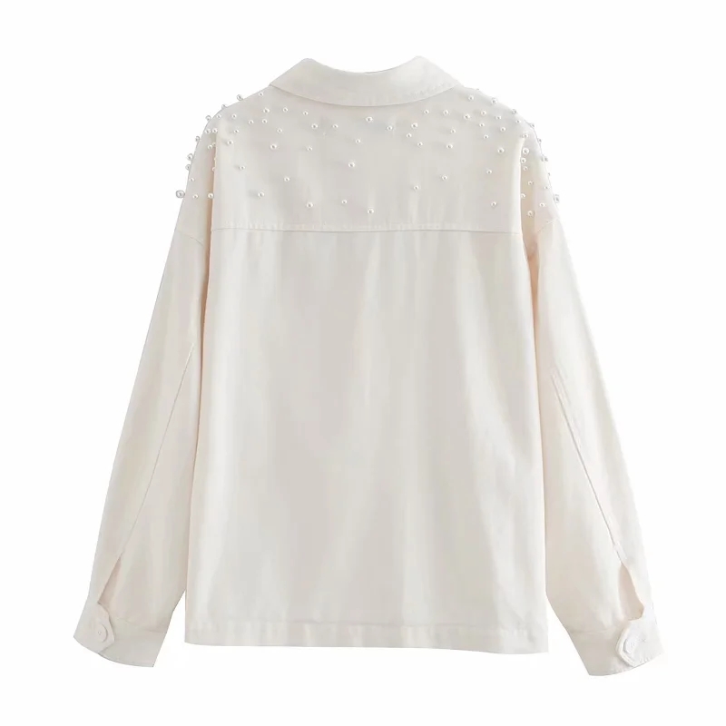 Women Fashion With Faux Pearls Appliques Loose Jacket Coat Vintage Long Sleeve Pockets Female Outerwear Chic Tops 210521