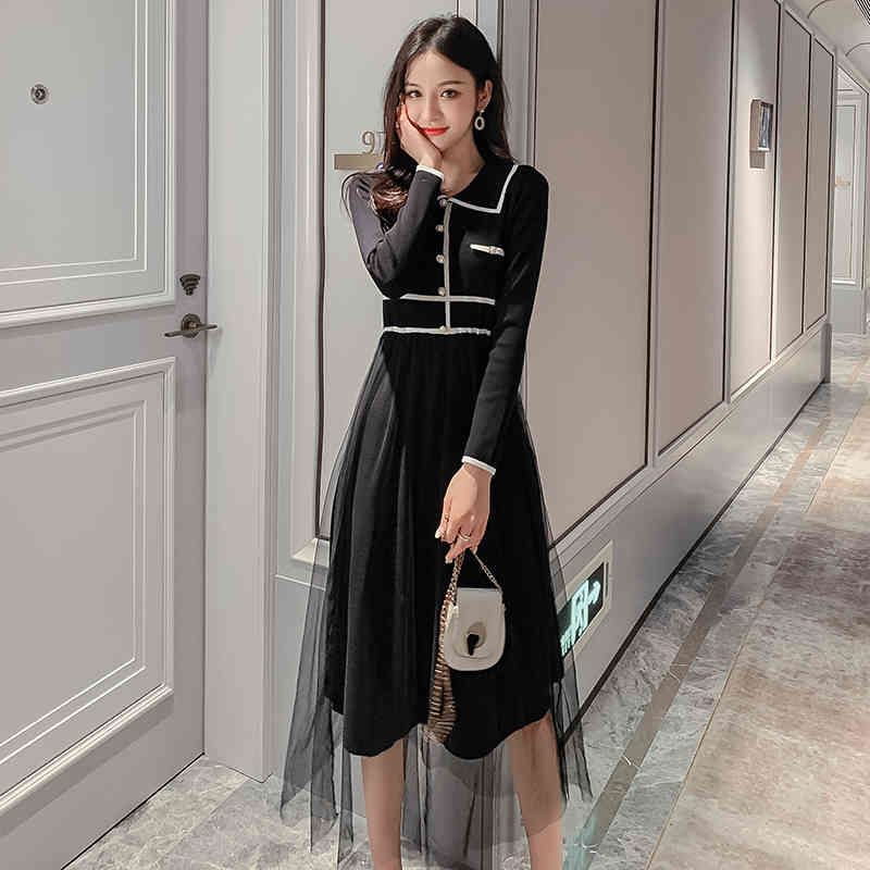 Comelsexy Autumn Women Small Fragrance Color Contrast Lapel Pearl Mesh Stitching Knit Dress Sweet Slim Dress Vestidos 210515