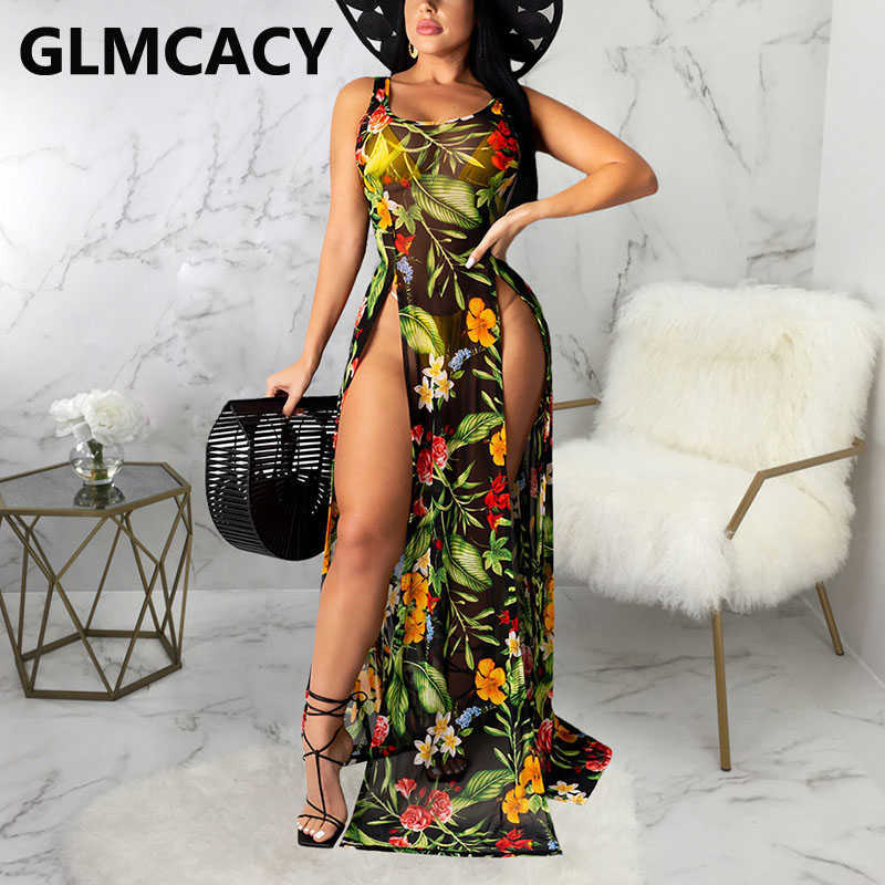 Women Tropical Printed Mesh Dress Sleeveless High Slit Maxi Dress 210702