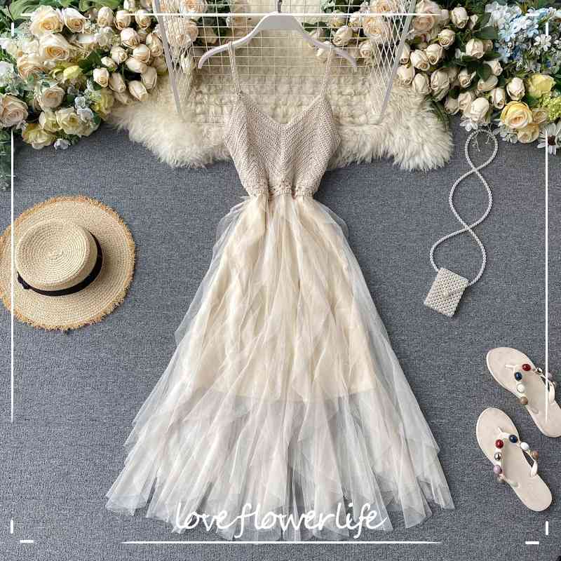 Bohemian Knitted Sexy V Neck Spaghetti Strap Summer Midi Long Dress Asymmetrical Women Casual Beach Irregular Dress 210521