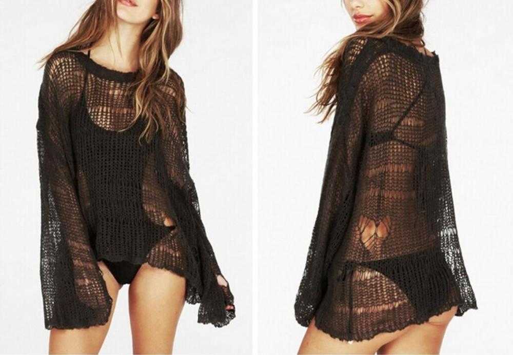 Beach Sexy Hole Sweater Asymmetric Hem Loose Knitted Crochet Heart shape Hollow out Thin Knit Jumper Tops Holiday 210914