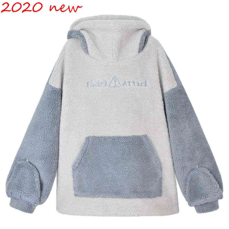 Harajuku Aesthetic Shark Anime Hoodie Woman Korean Kawaii Crewneck Long Sleeve Oversized Streetwear Kpop Fall Winter Clothes Top 211109