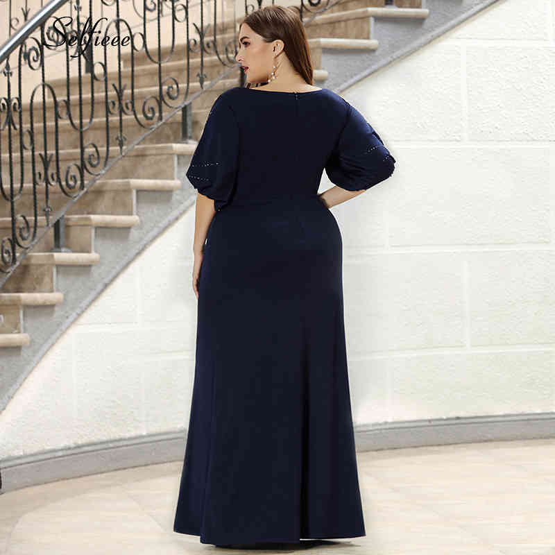 Plus Size Women Dress Mermaid Beaded Half Sleeve O-Neck Bodycon Evening Party Dress Ladies Long Formal Dress Vestido De Festa 210331