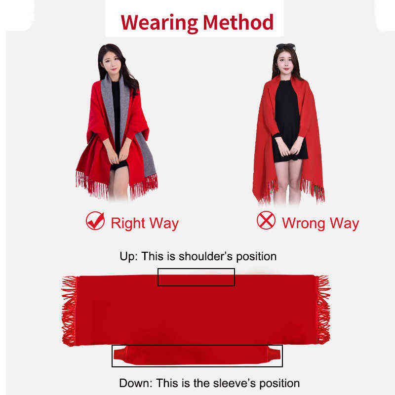 Women Winter Poncho with Sleeve Shawls and Wraps Pashmina Red Thicken Scarf Stoles Femme Hiver Warm Reversible Ponchos Capes 211227