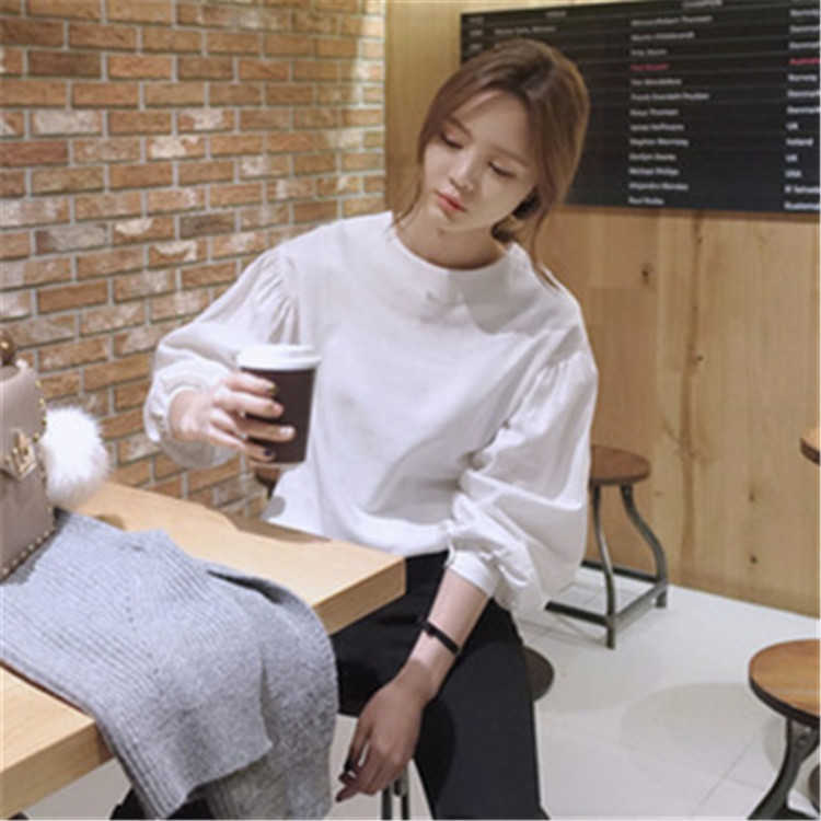 Solid Full Shirts Bottoming Top O Neck Lantern Sleeve White Fashion Plus Size Women Blouses 210615