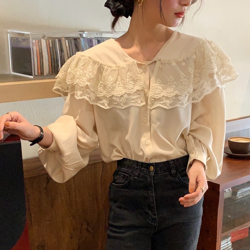 Comelsexy Women Chic Spring Shirts Retro French Gentle Long Sleeves Big Collar Lace Sweet Elegance Blouse Female Tops 210515