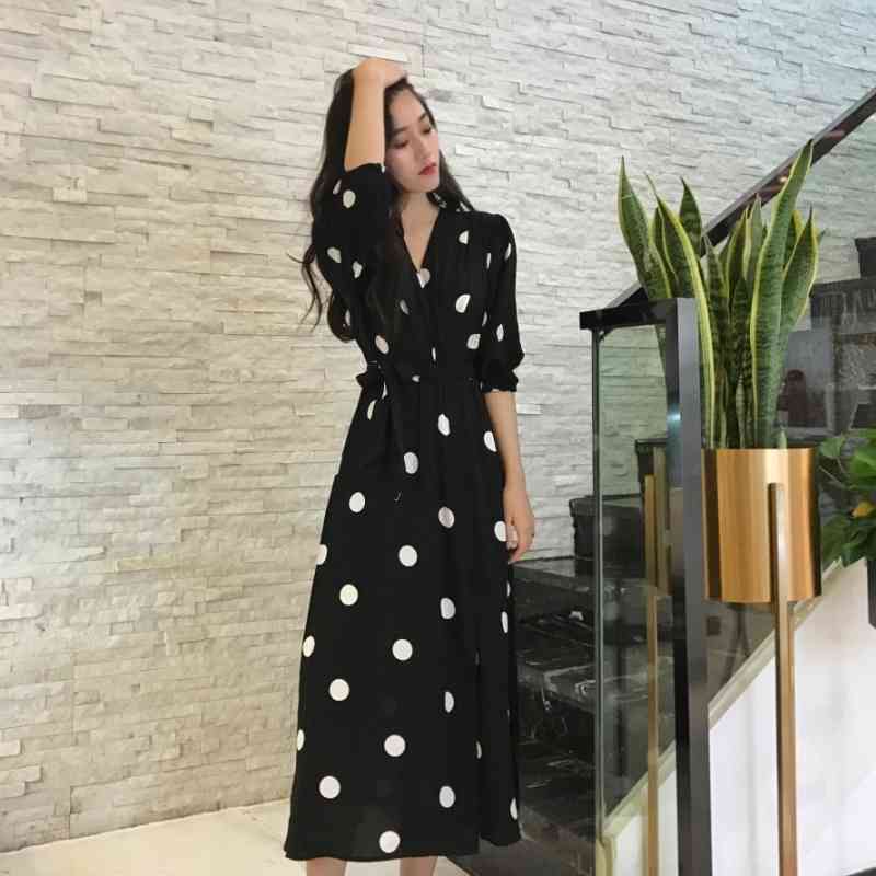 Fashion V-neck Ladies Long Dress Casual Half Sleeve Dot Dress Female New Dresses SuperAen Summer Women's Dress Korean Style 210331