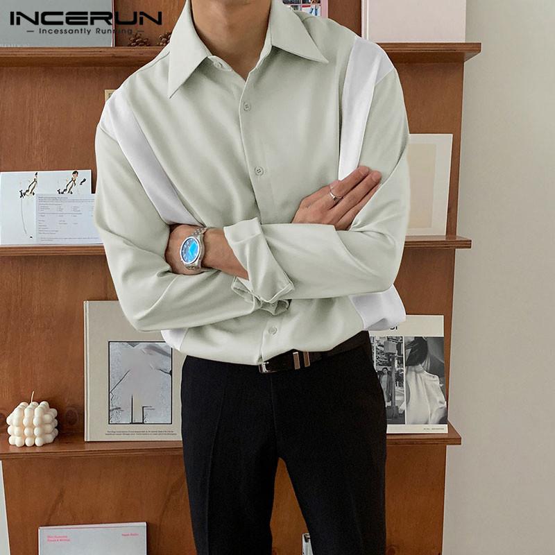 Long Sleeve Patchwork Camisa INCERUN Men Shirts Leisure Man Elegant Lapel Neck Blusas 2021 Fashion Buttons Chemise Masculina 5XL Men's Casua