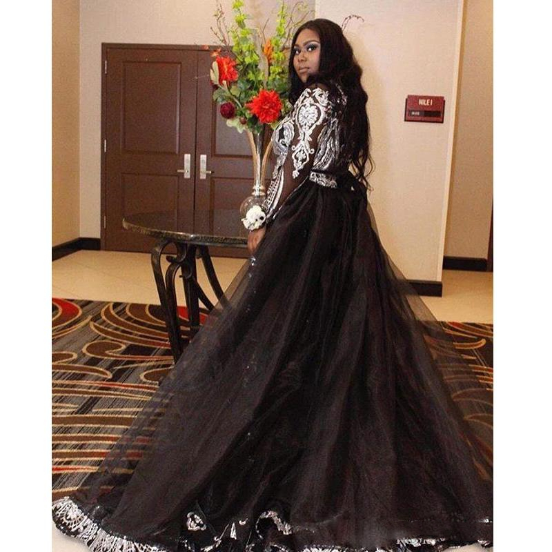 Chic African Black And White Jumpsuits Evening Dresses For Women 2024 Deep V Neck Long Sleeves Gliiter Sequins Appliques Prom Dress With Detachable Sk