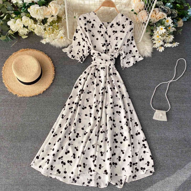 Print Elegant A-line Vestidos V Neck High Waist Fashion Korean Vintage Dresses Short Sleeve Summer Dress Women 210521