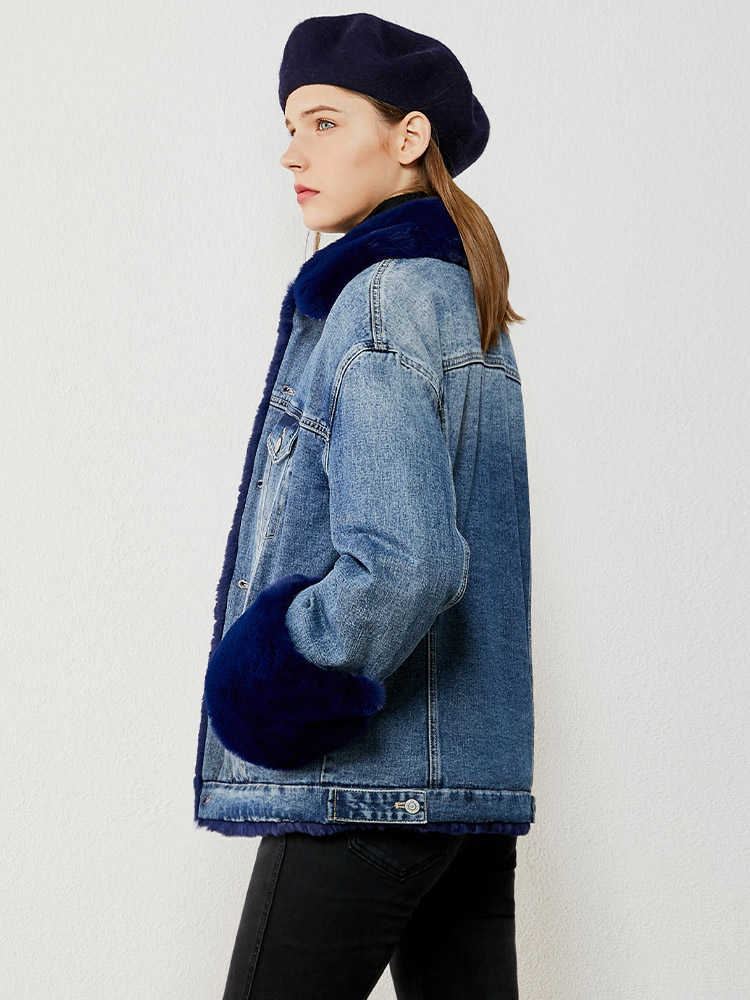 Minimalism Winter Thick Female Jacket Fashion Natural Rabbit Fur Collar Women's Denim 12070507 210527