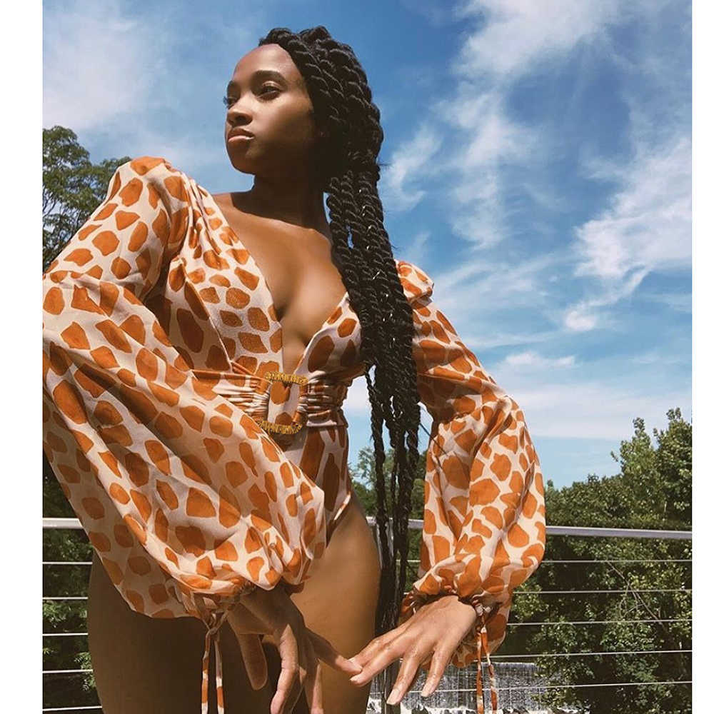 Vintage Swimsuit Female Long Sleeve Swimwear Women Plus Size Bathing Suit Print Bandage Summer Bathers Monokini 210611