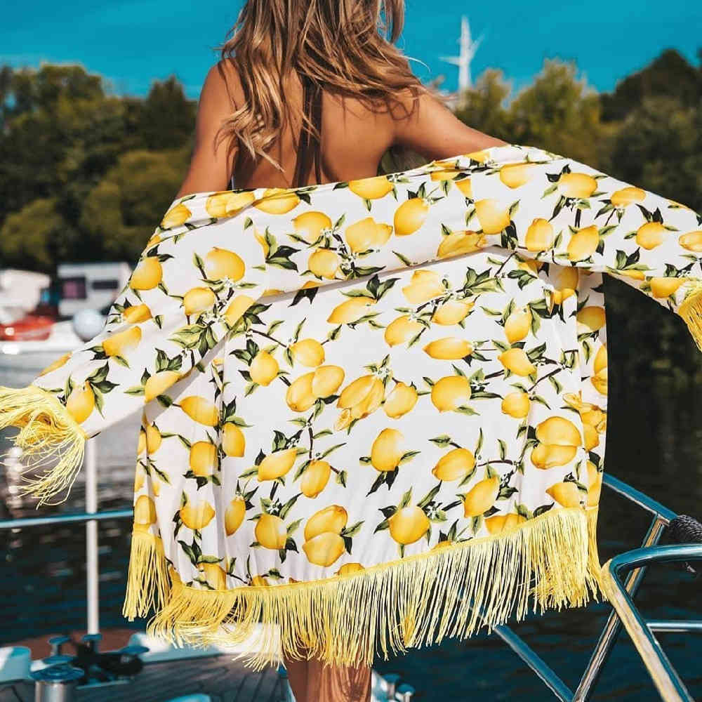 Boho Lemon Printed Fringed Chiffon Sexy Bikini Cover-ups Beach Wear Short Kimono Dress Women Summer Swimsuit Cover Up A801 210420