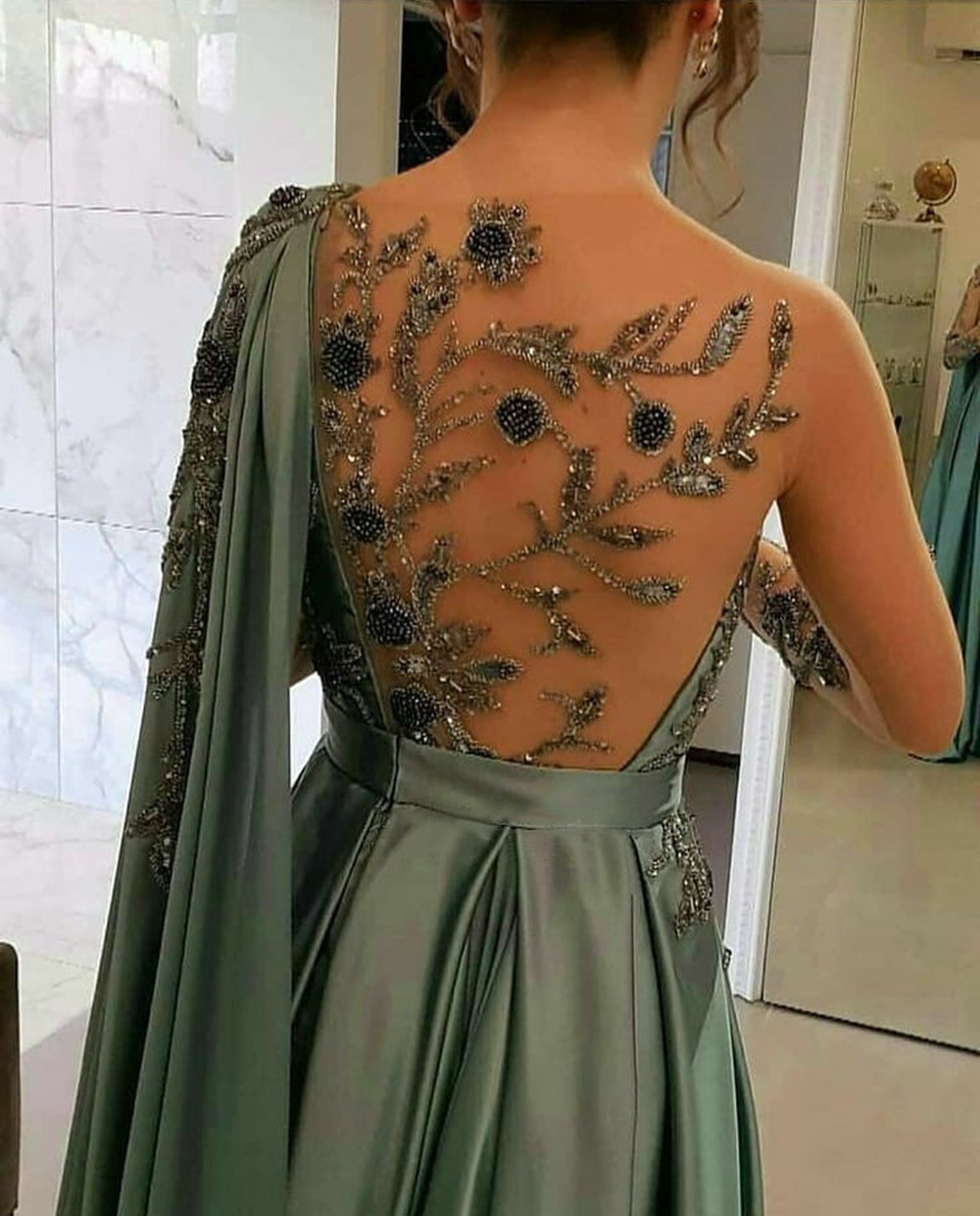 One Shoulder Beading Evening Dresses Full Length 2021 A-Line Satin Long Sleeves Formal Party Wear Gown Prom Dress