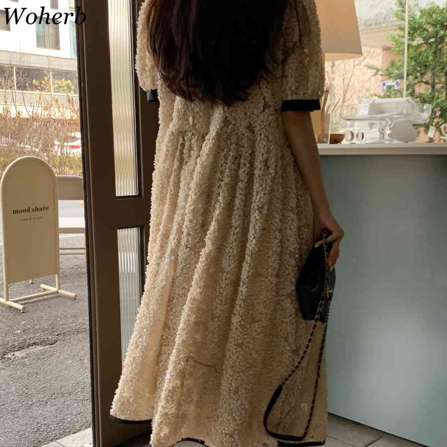 Square Collar Vintage Dress Women Summer Korean Robe Crochet Floral Lace Up Vestidos Mujer Chic Elegant Maxi Dresses 210519