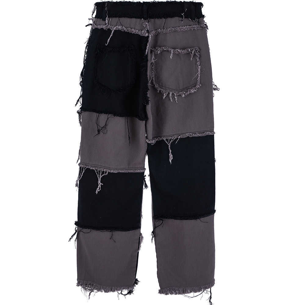 Aolamegs Jeans Men Vintage Color Block Tearing Patchwork Denim Pants Casual Japanese High Street Harajuku Fashion Streetwear Men 211009