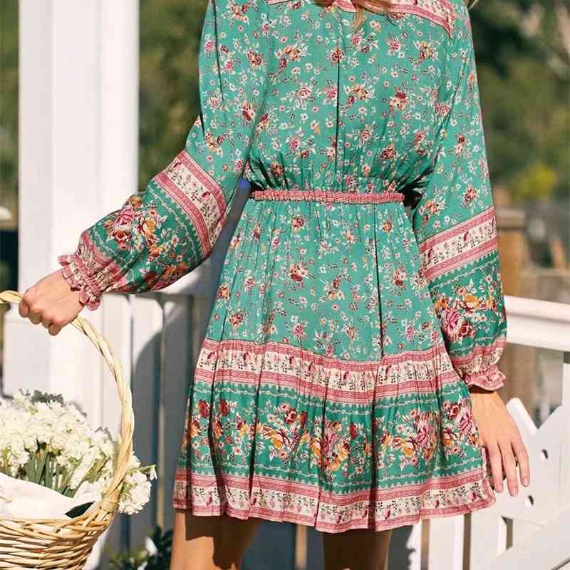 Turquoise Buttons V neck Floral Print Long Sleeve BOHO Dress Hippie Woman Adjustable Lacing up Waist Short Holiday Dresses 210429