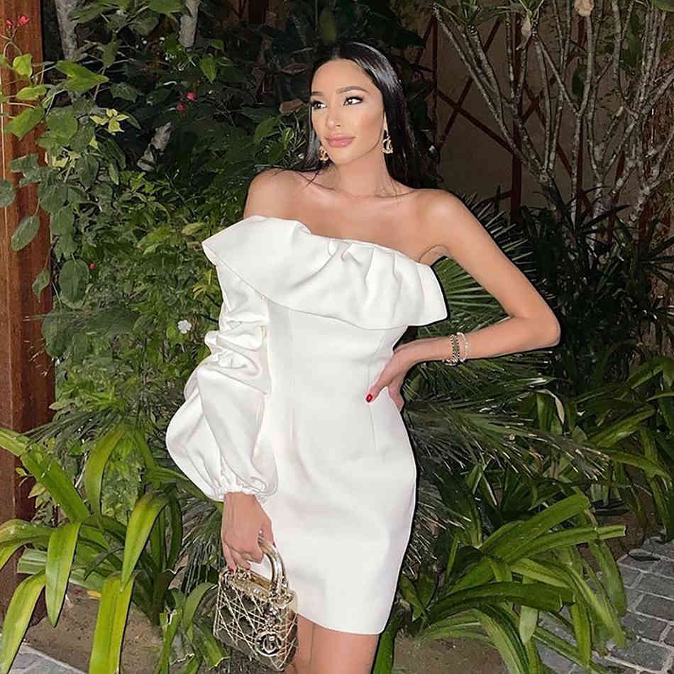 Free Spring Women's Dress Sexy One Shoulder Lantern Sleeve Bodycon Ruffle Club Night Party Mini Vestidos 210524
