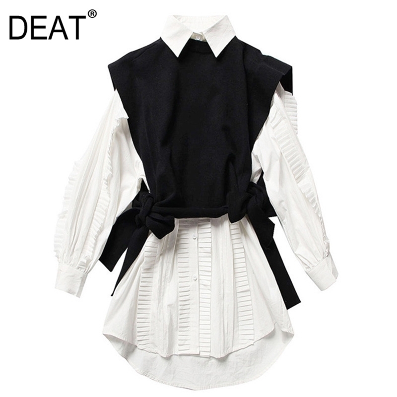DEAT new spring fashion women clothes round neck sleeves knits vest turn-down collar ruffles single breasted dress WE12800M 210409