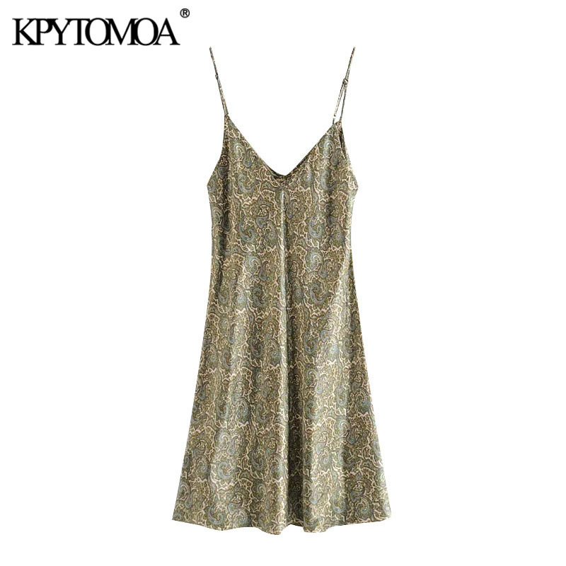 Women Chic Fashion With Bow Paisley Print Cozy Mini Dress V Neck Adjustable Straps Female Dresses Mujer 210420