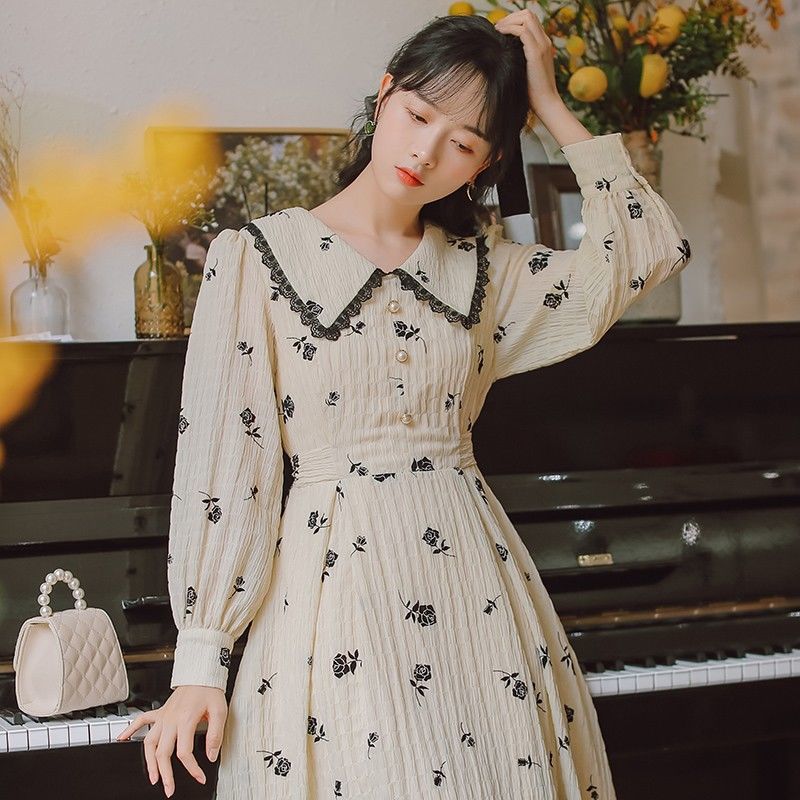Floral Dress Women Evening Party Casual Long Sleeve Vintage Dress Female Peter Pan Collar One-piece Dress Korean Autumn 210409
