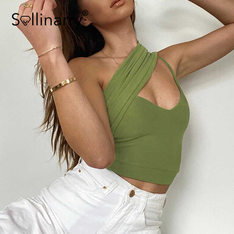 Sollinarry Patchwork rib knitted summer crop top Sleeveless one shoulder woman tops Sexy clubwear slim solid short camisole 210709