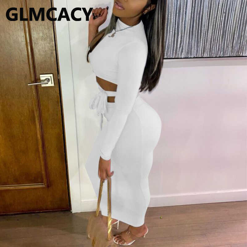 Long Sleeve Cut Out Bandage Dress Elegant Slim Bodycon Maxi Dress 210702