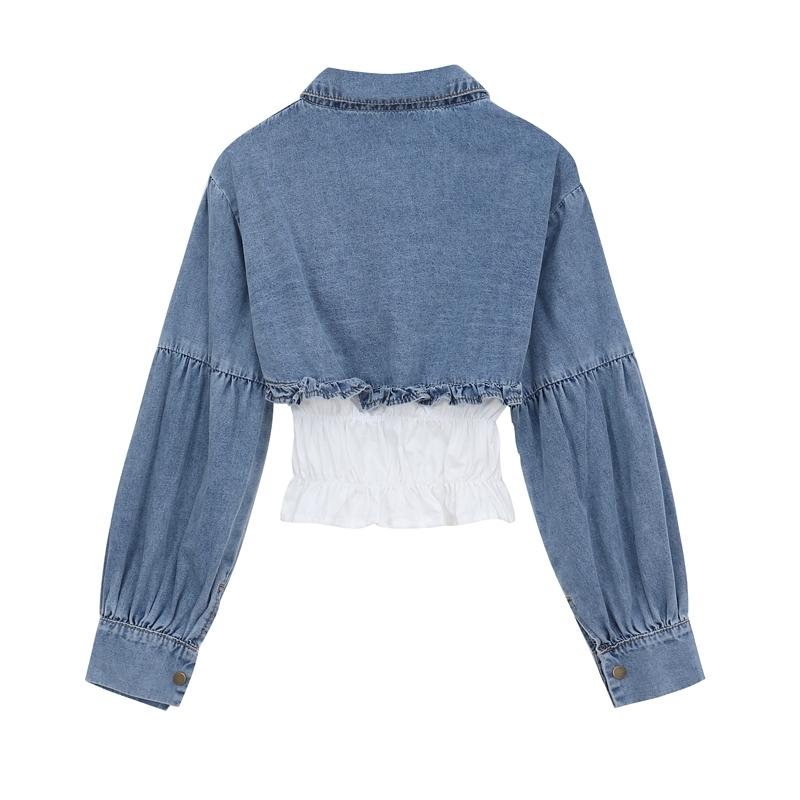Nomikuma Short Korean Demin Patchwork Blouse Long Sleeve Turn-down Pullover Shirt Autumn New Sexy Crop Top Jeans Tops 6D557 210427