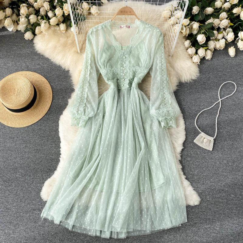 Casual Dresses Romantic Women Lace Two Piece Party Dress Spring Elegant V-neck Long Sleeve Vintage Midi Fashion Green Vestidos, Black
Casual Dresses Romantic Women Lace Two Piece Party Dress Spring Elegant V-neck Long Sleeve Vintage Midi Fashion Green Vestidos, Black
