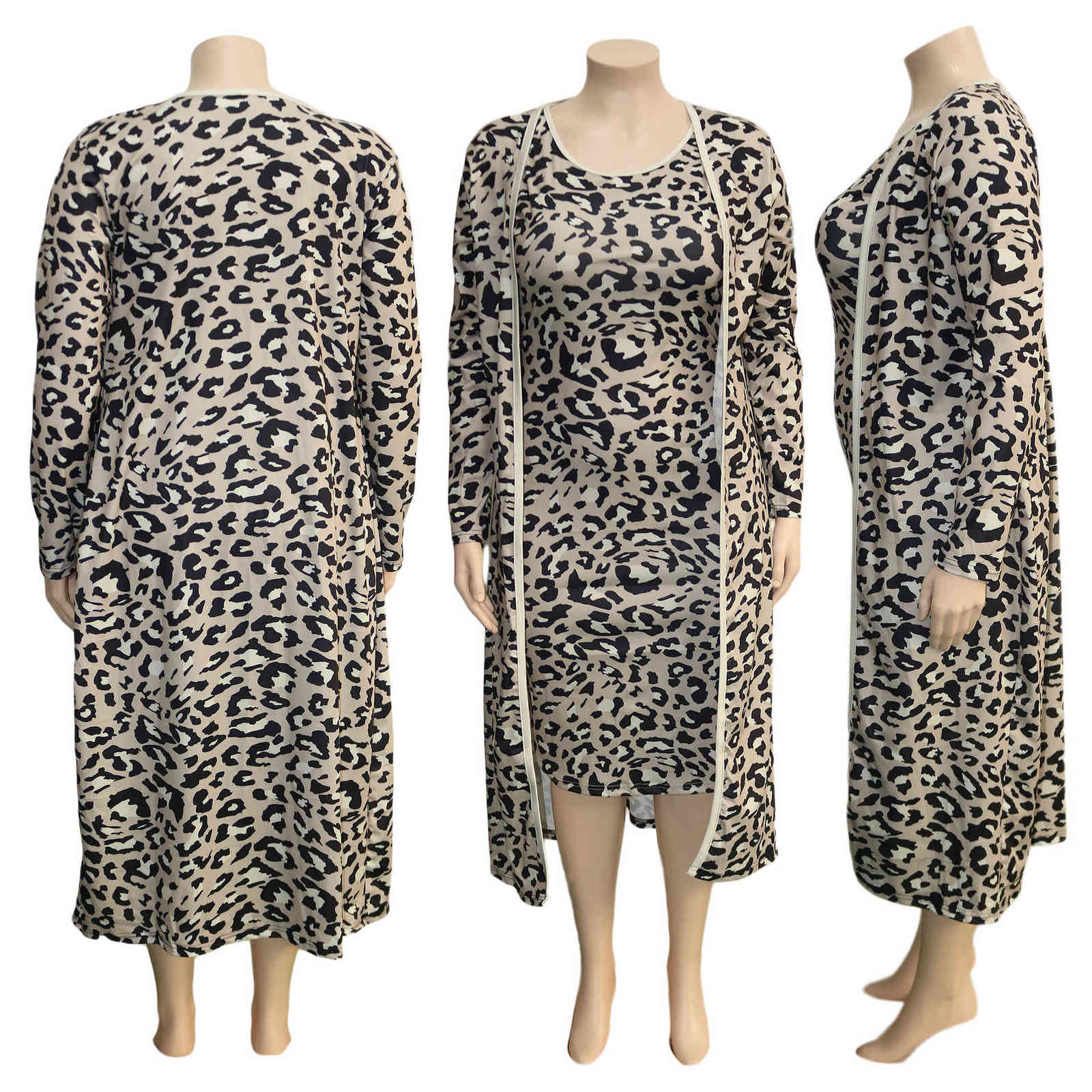 CM.YAYA Plus Size XL-4XL Leopard Print Women's Set Long Sleeve Long Cloak Tops Bodycon Midi Dress Two Piece Matching Set Outfits 210708